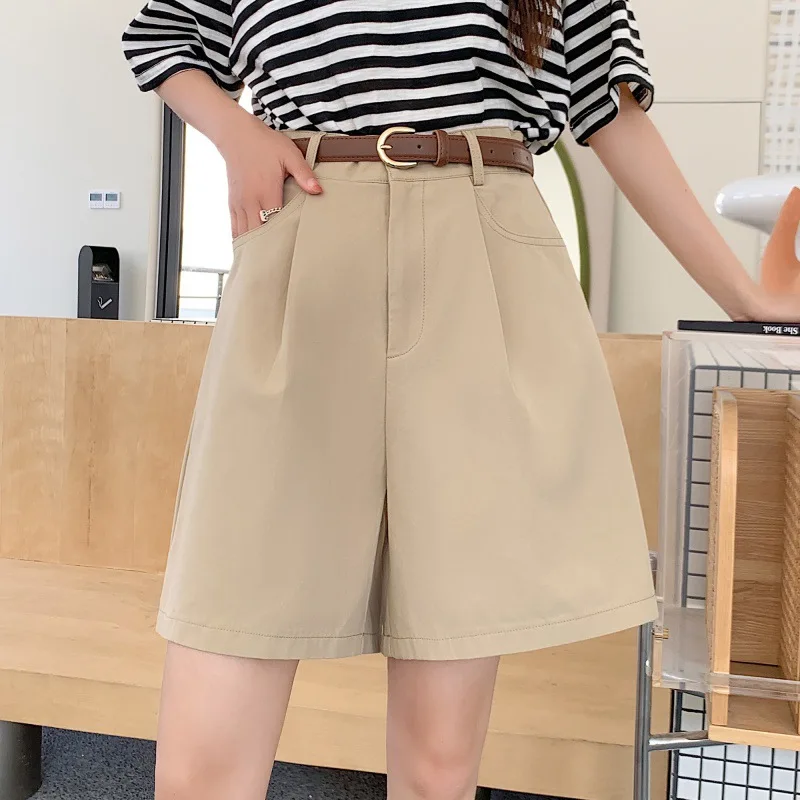 

Fashion Cotton Linen Women Shorts Summer High Waist Pockets Loose Casual Solid Color Basic A-line Wide Leg Fifth Pants Shorts