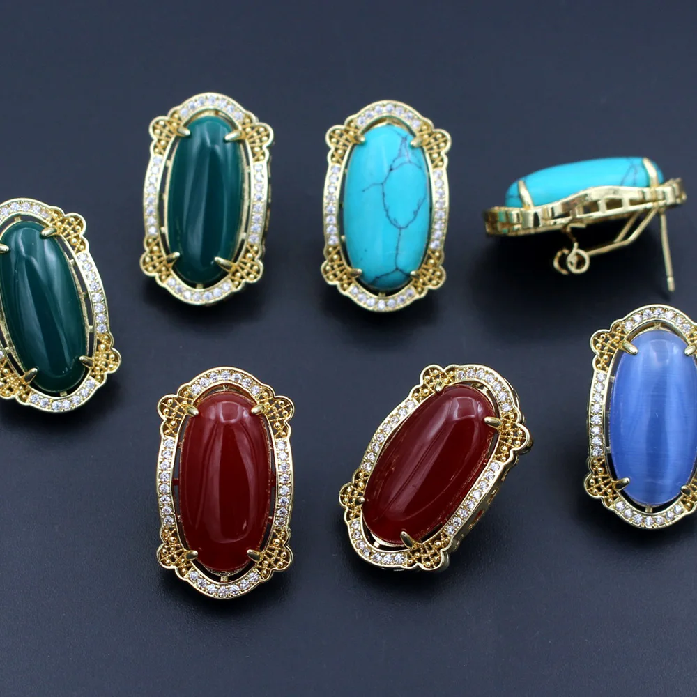 6pair Black Red Green Agate Stone Oval Earrings Post CZ Paved Gold Plated Copper Studs For DIY Women Wedding Earrings