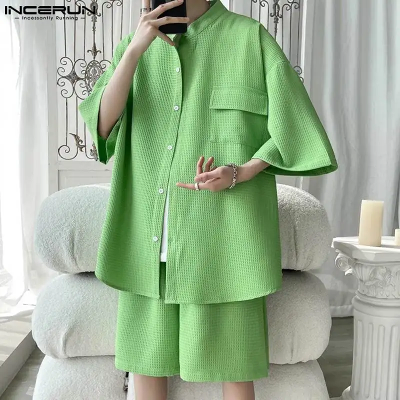 

INCERUN 2024 Korean Style Fashion Sets New Men Stand Neck Half Sleeve Loose Shirts Shorts Casual Streetwear Two Piece Sets S-5XL