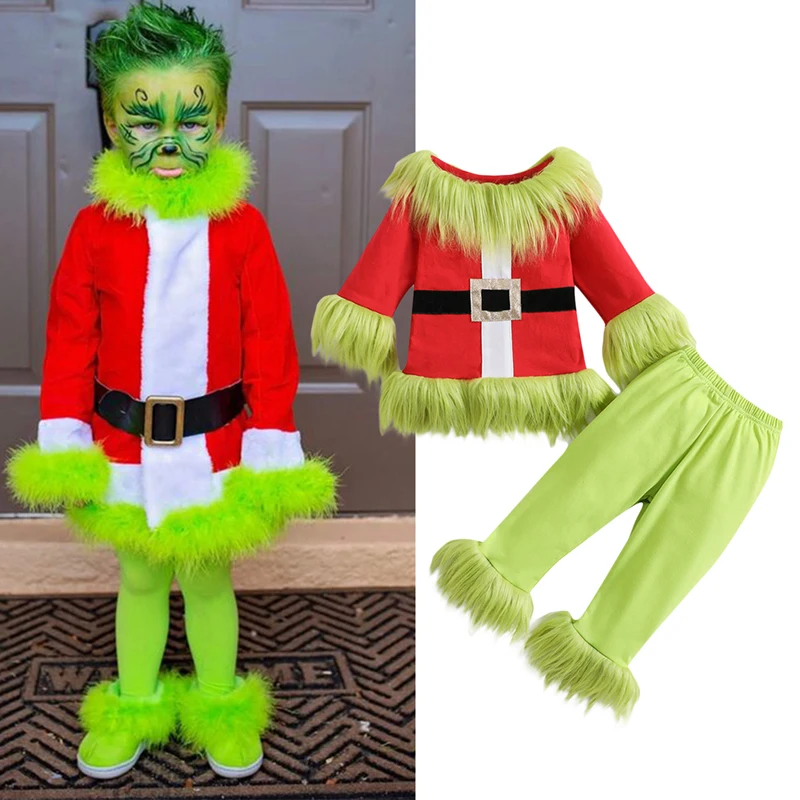 1-7Year Toddler Baby Christmas Outfit Boy Girl Green Monster Furry Costume Shirts and Pants Christmas Santa Cosplay Party Suits