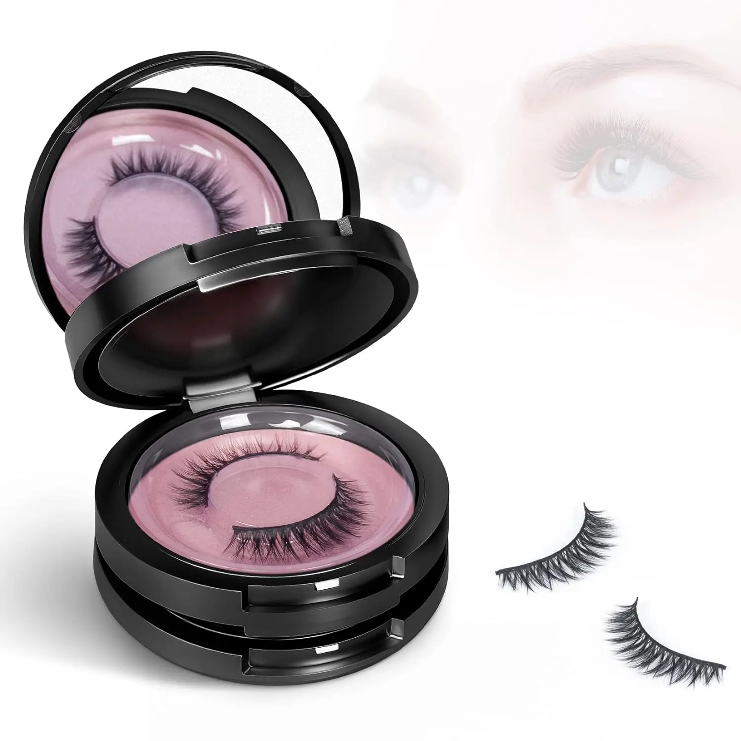 3 Layers Circle Eyelash Box with Mirror, Empty Eyelash Storage Case Organizers Travel Lash Case with Lash Holder for Cosmetic