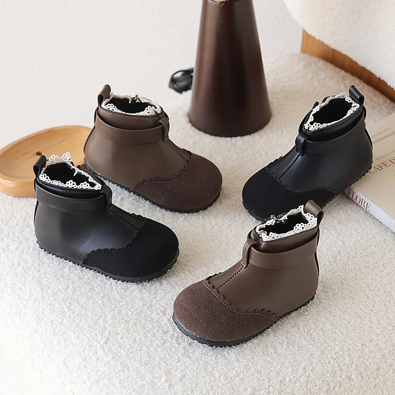 

Girls' Short Boots Fashion Lace Soft Bottom Children's Ankle Boots 2025 Autumn/Winter New Baby Princess Leather Boots 1-6T