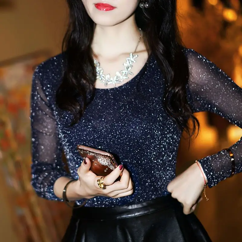 2024 Rhinestone Clothing Black Glitter Tshirt Warm Turtleneck Woman T-shirt Slim Sequin Top for Women Novelties Original Old Tee