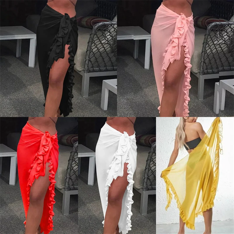 Women Chiffon See-Through Beach Bikini Cover Up Wrap Scarf Swimwear Pareo Sarong Dress Solid Ruffle Casual Beach Dress