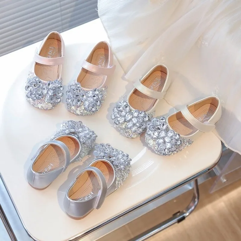 Autumn Girls Rhinestone Leather Shoes 2026 Spring Pearl Bow Princess Shoes Soft Children Baby Toddler Single Shoes