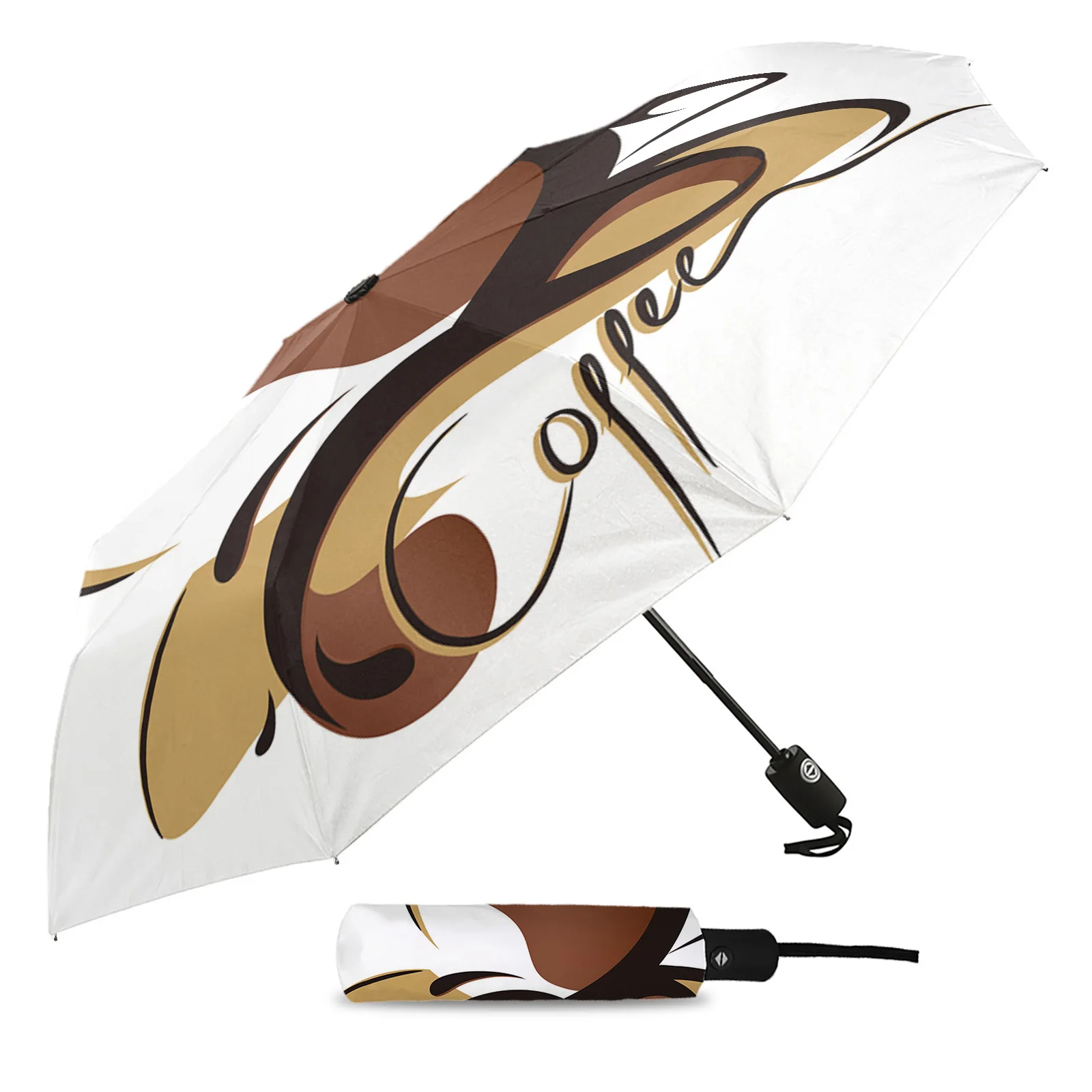 Abstract Coffee Cup Coffee Beans Automatic Umbrella Folding Umbrella Outdoor Printed Rain Umbrella for Women Kids Parasol