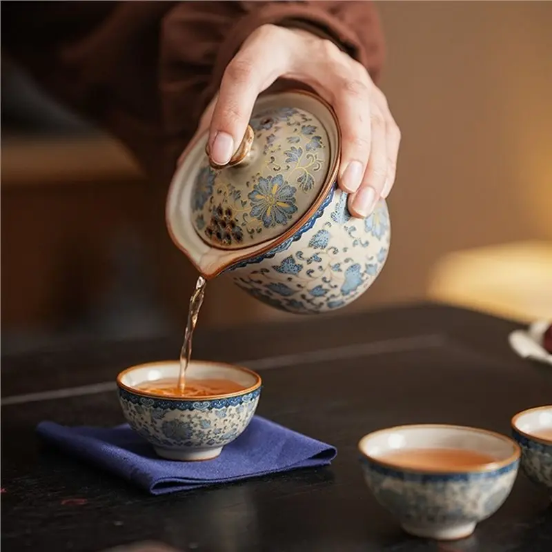 ABKL-Compact Case Included Blue& White Ru Porcelain Travel Tea Set-1 Teapot 3 Cups, Portable Kung Fu Ceremony Kit With Lotus Pat