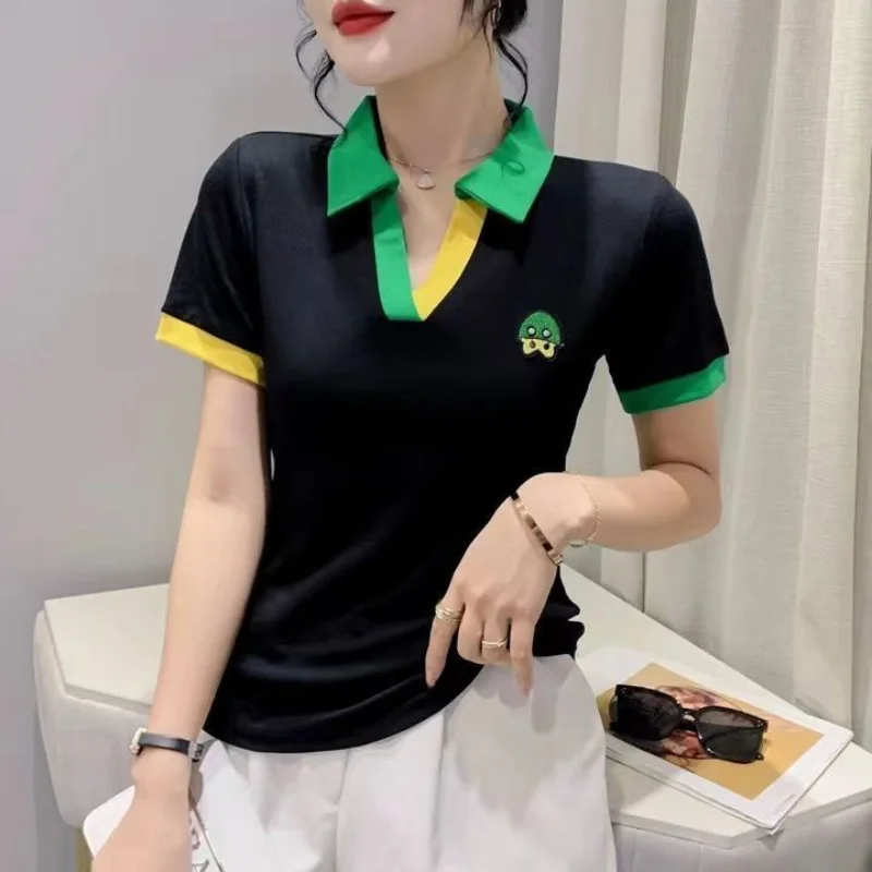 

T-shirt Woman Short Sleeve Tee Clothing Striped Polo Neck Shirts for Women Flower Tops with Collar V Luxury Youth Trend Sale New