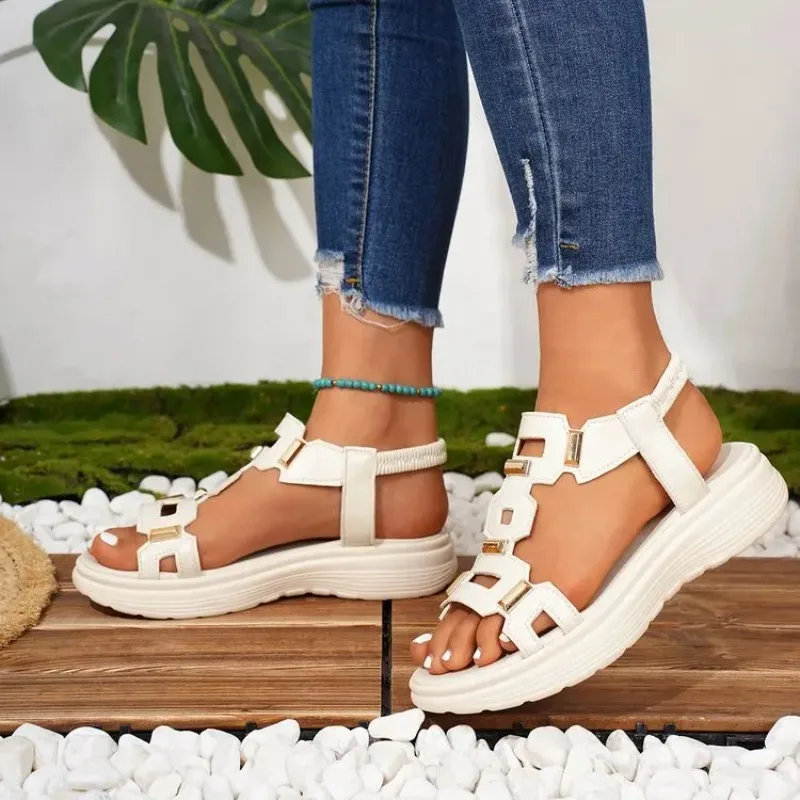 Summer New Women's White Platform Sandals, Gold Metal Accent Elastic Ankle Strap Elevator Casual Shoes for Vacation Streetwea