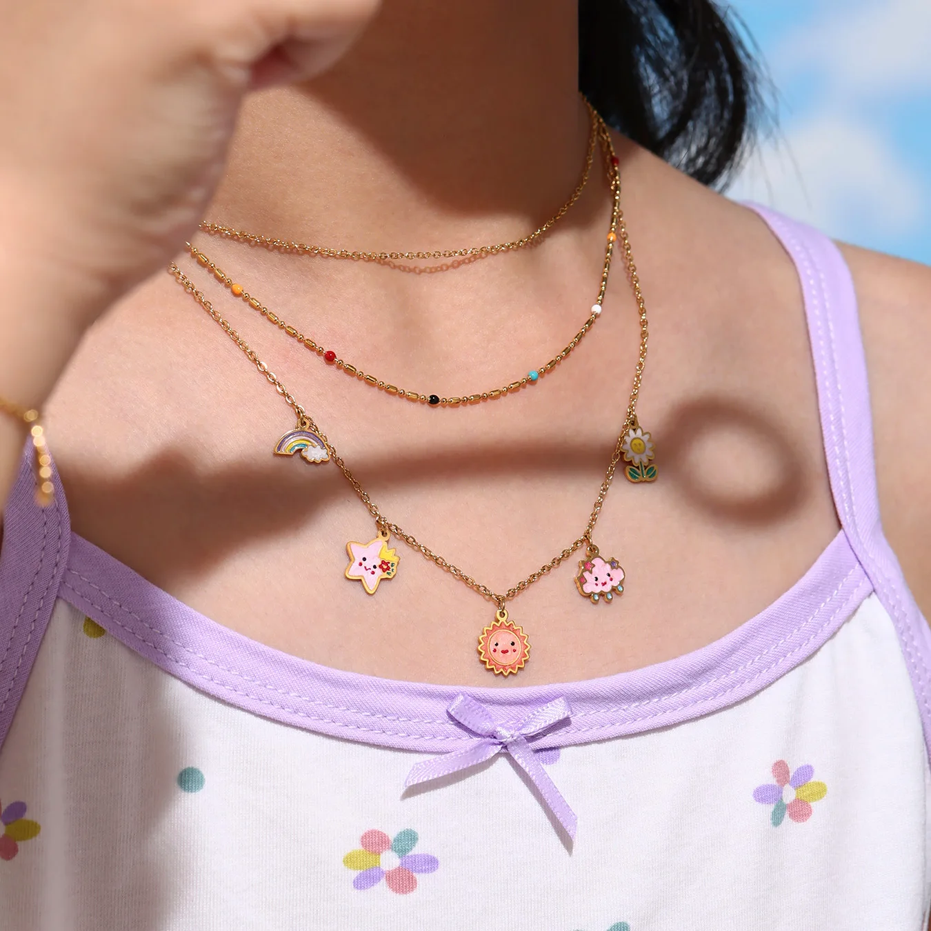 

Stainless Steel Gold Enamel Sun Star Cloud Necklace Bracelet Anklet Set Colorful Cute Y2K Aesthetic Jewelry Gift for Girls