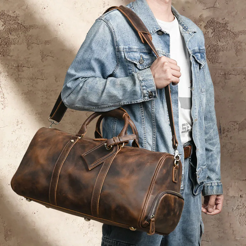 Men's Genuine Crazy Horse Cowhide Leather Travel Duffel Bag Vintage Weekender Overnight Handbag Large Carry On Luggage Totes