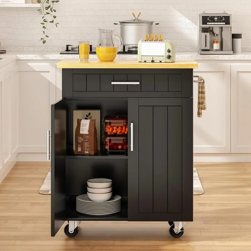 Kitchen Island on Wheels with Storage Cabinet & Drawer, Cart Handle for Towel Rack or Free Mobility, for Kitchen, Dining Room