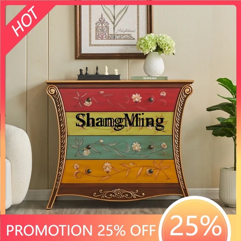 

ZYYexquisite premium rural solid wood entrance retro living room storage against the wall painted solid wood four-bucket cabinet