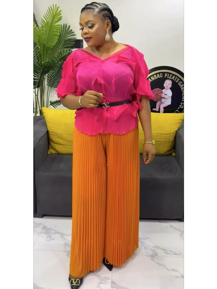

2025 Summer Wholesale New Color Matching Set Miyake Handmade Pleated Top + Wide-leg Pants Loose V-neck Two-piece Women Clothing