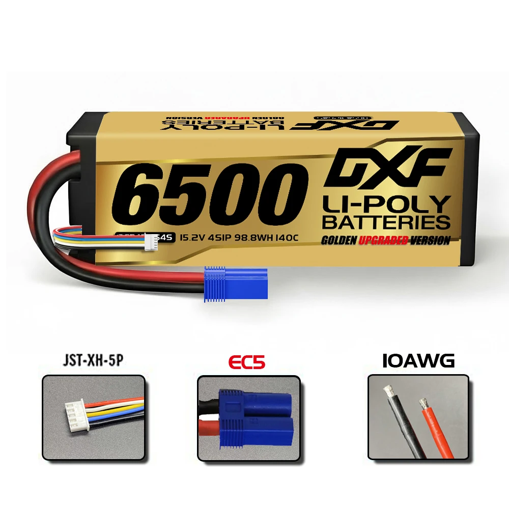 DXF 6500mAh 15.2V Graphene Lipo 4S Battery 140C EC5 XT90 Plug Gold Version Racing Series HardCase for RC Car Truck Truggy 1/8 Buggy