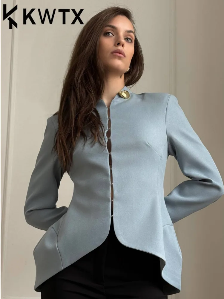 

2026 New Women's Stand Collar Fitted Waist Blazer Hidden Placket Asymmetric Hem Casual Office Blazer Jackets (No golden buttons）