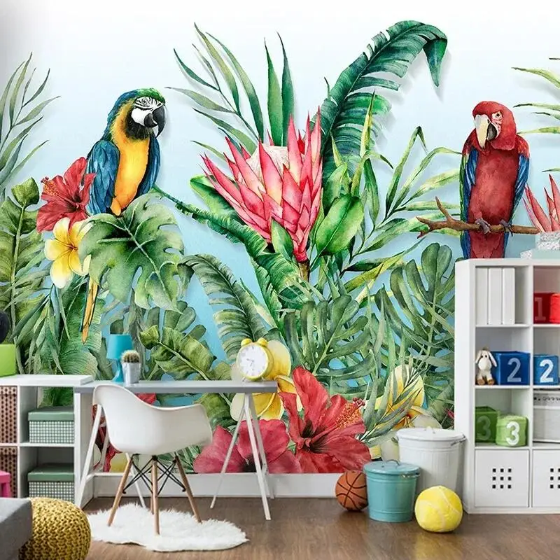 Custom Mural Tropical Plant Flower Bird Parrot Fresco Bedroom Living Room Bedroom Sofa TV Background Wall Decoration Wallpaper