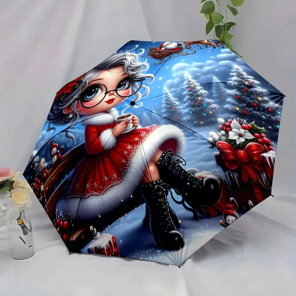 1PC Christmas-Themed Umbrella with Cute Cartoon Illustration Print 8 Iron Ribs Folding Umbrella Auto-Open Fashion Sunshade