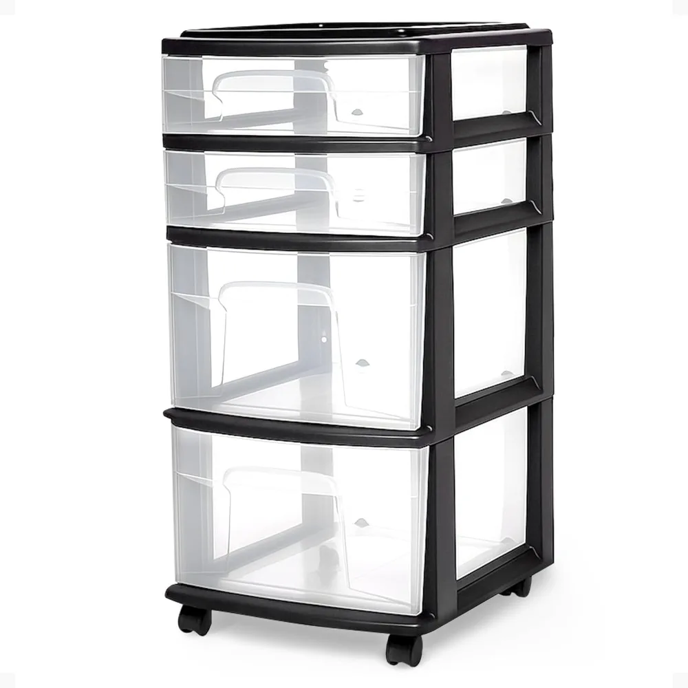 4-Tier Clear Plastic Rolling Storage Organizer with Black Frame and Wheels for Bedroom Use