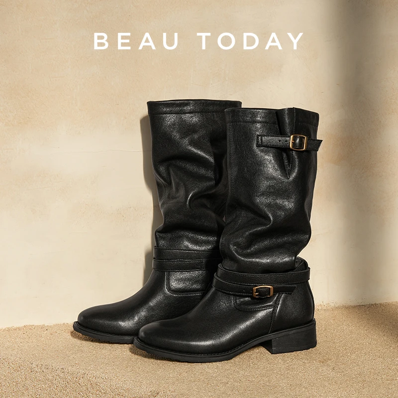 BEAUTODAY Long Boots Women Sheepskin Leather Round Toe Double Buckle Strap Vintage Knight Boots Ladies Shoes Handmade 01707