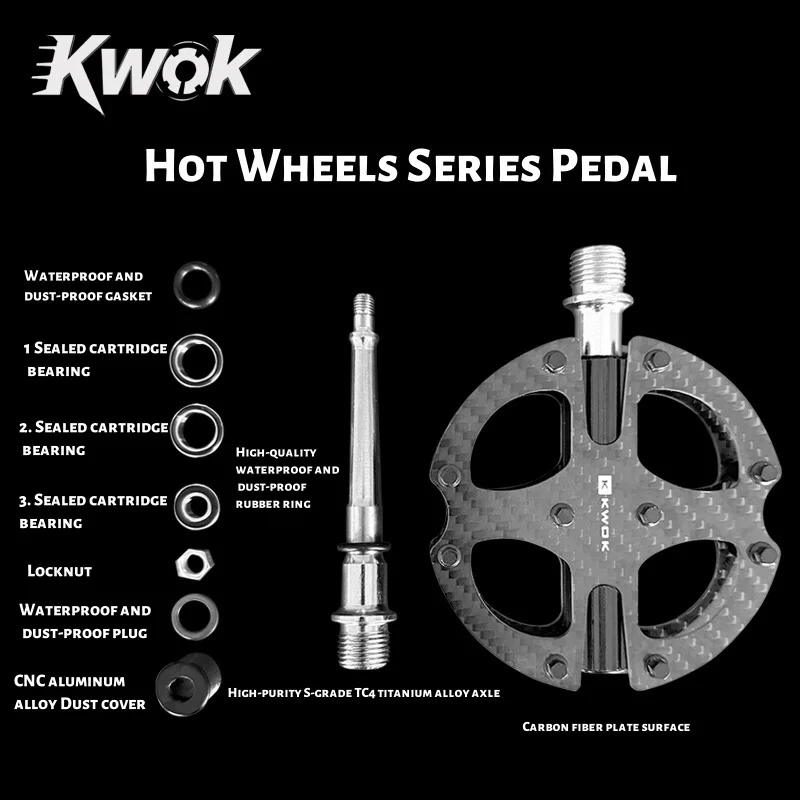 KWOK Ultra-light Carbon Bike Pedals with 20 Aluminum Grip Pins | CNC Lightweight 3-Bearing for Road/MTB | Non-Slip Round Design
