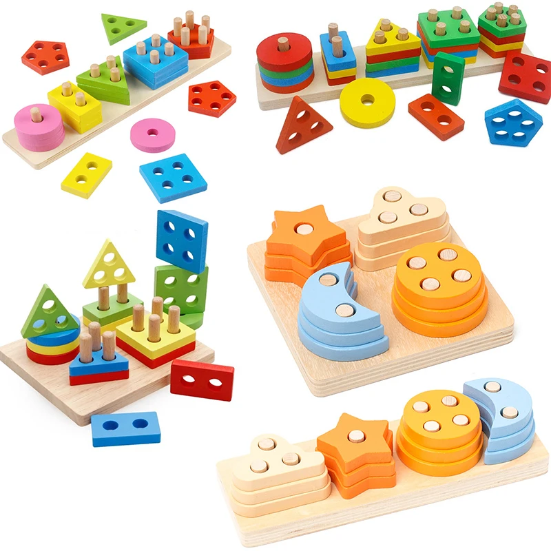 Montessori Wooden Educational Toys for Children 1 2Y Baby Shape Color Sorter Block Puzzles Toddler Large Geometric Stacking Toys