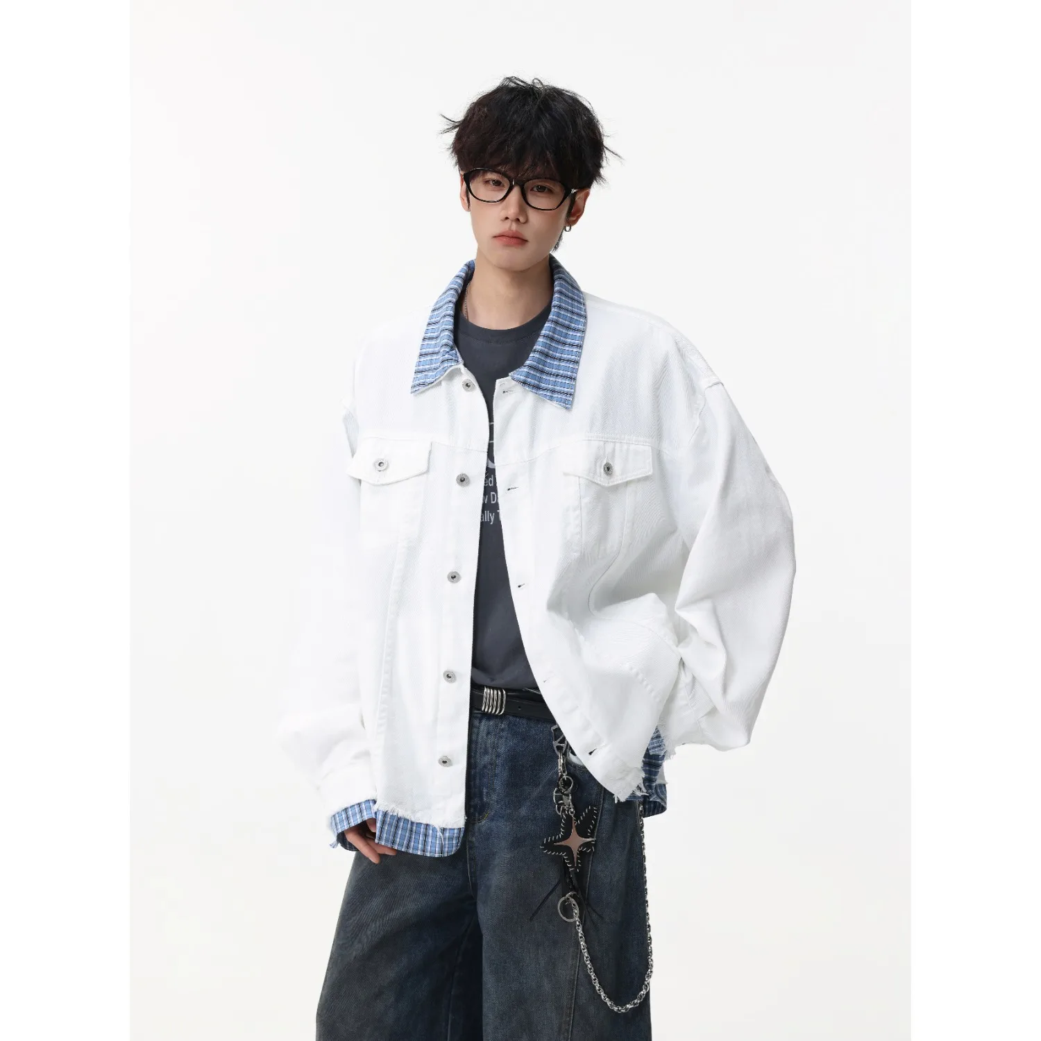 

Повседневная свободная мужская джинсовая куртка в Корейском стиле, ранняя осень, клетчатый дизайн, уличная одежда в стиле хип-хоп, верхняя одежда