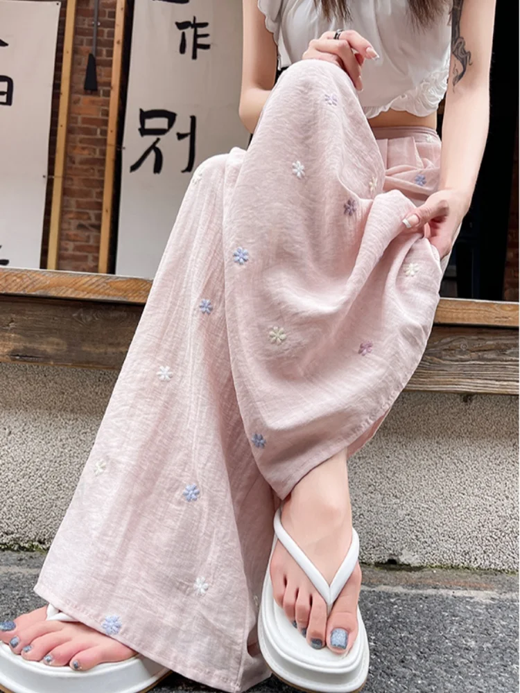 Estilo preguiçoso flor bordado casual linho calças de perna larga para as mulheres 2025 verão novo solto emagrecimento calças de perna reta
