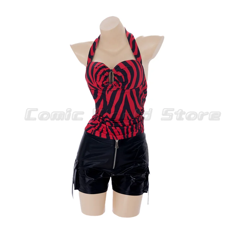 Obsession Nikki Cosplay Costume Outfit Zebra Halter Top Faux Leather Cargo Shorts Punk Streetwear Halloween Carnival Disguise view 3