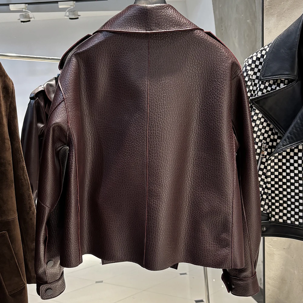 YOLOAgain 2025 Spring Dark Brown Oversized Leather Jacket Women Real Leather Jacket Female Overcoat