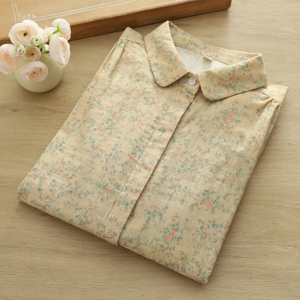 New 2026 Autumn Women Cotton Yarn Long Sleeve Shirt, Turn-down Collar Printed, Mori Girl Fashion Casual Loose Blouse T67752CC view 3