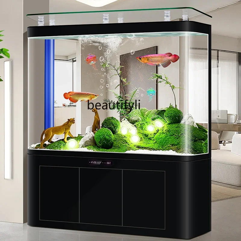 cqyHot bending fish tank living room large floor-to-ceiling glass tank vertical wet and dry separation water tank