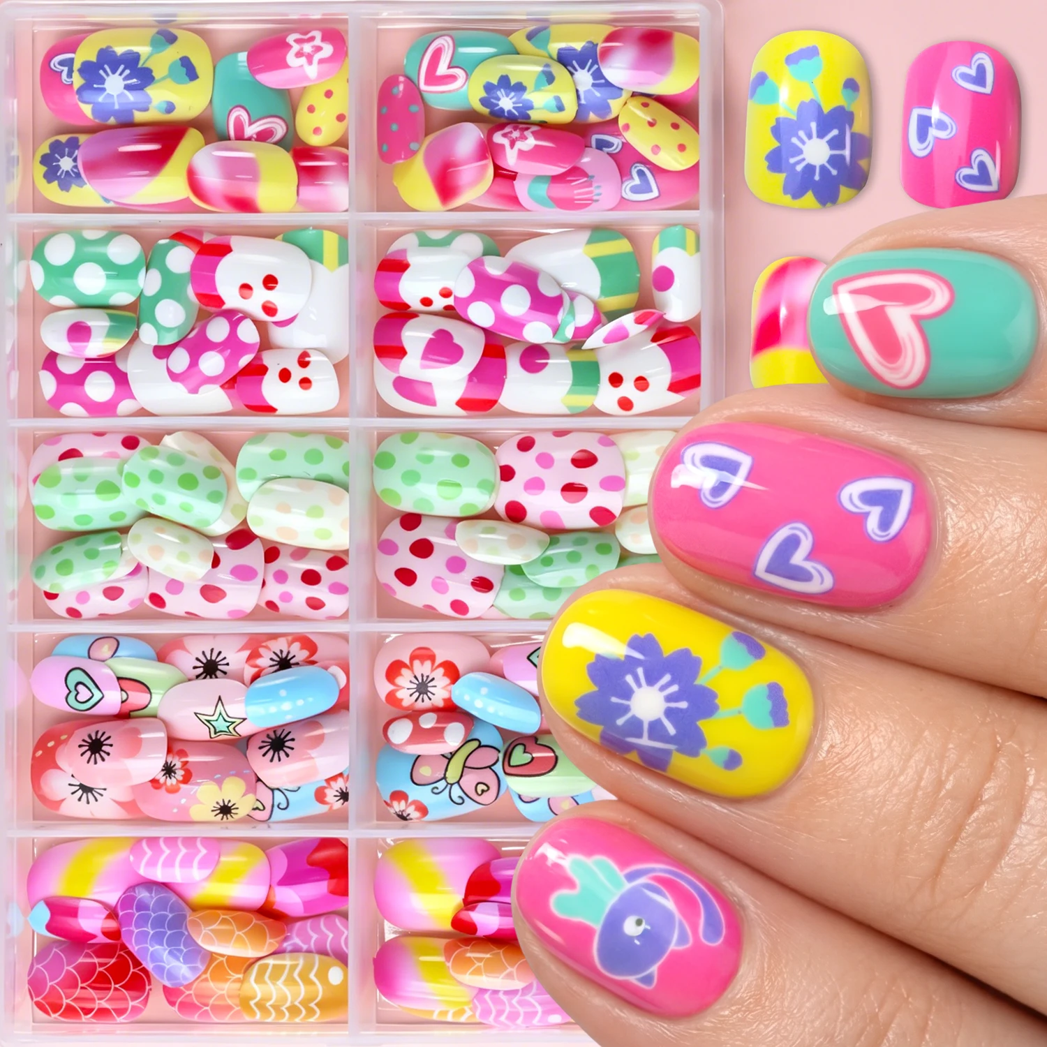 120Pcs Kids Short Round Press On Nails Cute Butterfly Flower Polka Dot Print Fake Nail for Children Birthday Party False Nailtip