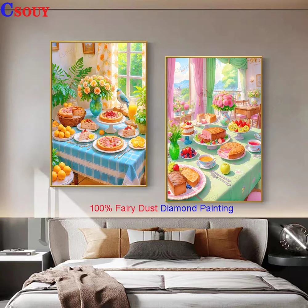 

100% Fairy Dust Diy Diamond Painting Cross Stitch Delicious Food Dining Embroidery Square Mosaic Home Decor Needlework Crystal
