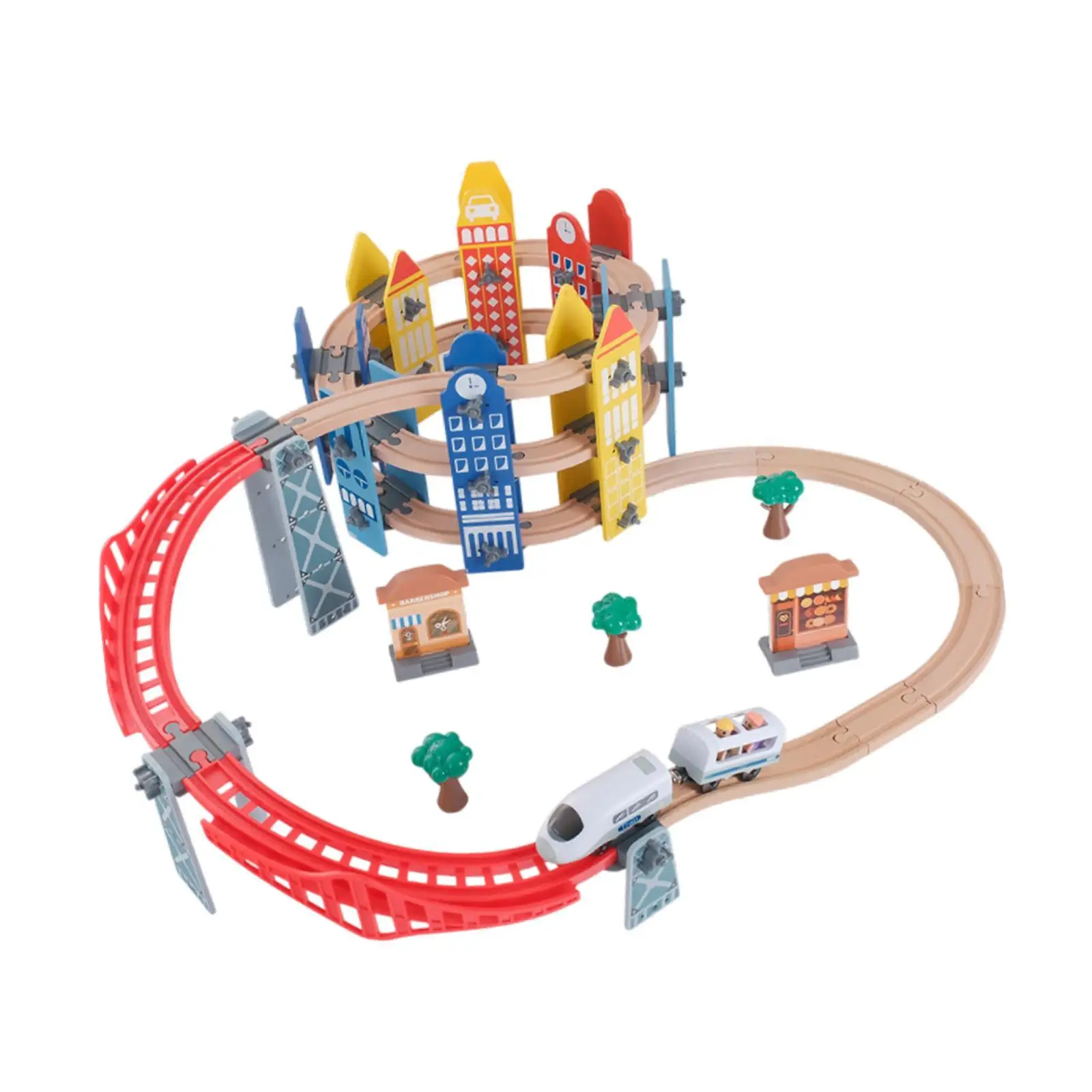 

Деревянный железнодорожный набор-конструктор для дошкольников, развивающая игрушка, обучающие строительные блоки, железнодорожный набор с мостом для детей