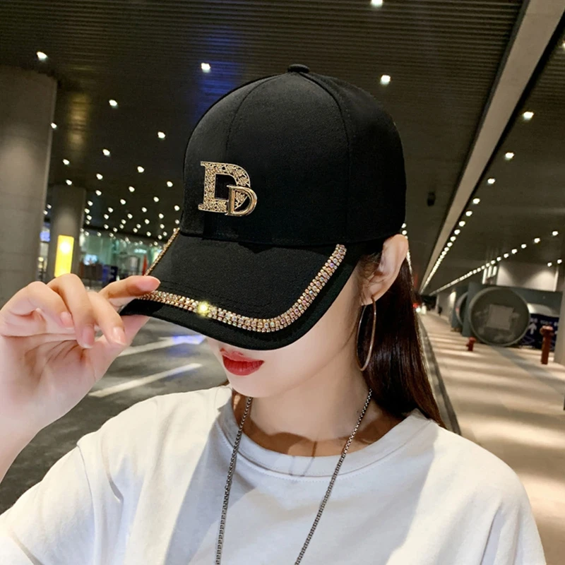 Letter M D Women\'s Bling Baseball Cap Ladies Fashion Caps With Rhinestones Snapback Hip Hop Hats Black White Pink 55-58cm