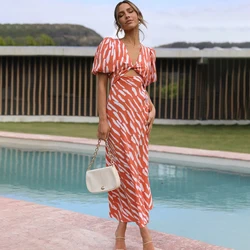 Ardm Elegant V-Neck Stripe Print Puff Sleeve A-Line Boho Black Summer платье женское Hollow Out Holiday Beach Midi Dress Vestido