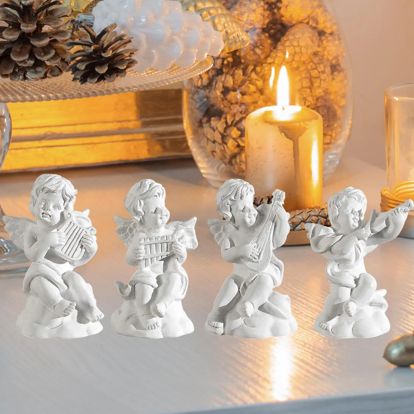 4Pcs Cherub Statues Little Angel Figurines Gift Indoor White Background Desk Figures for Hotel Fireplace Bedroom Cabinet Xmas