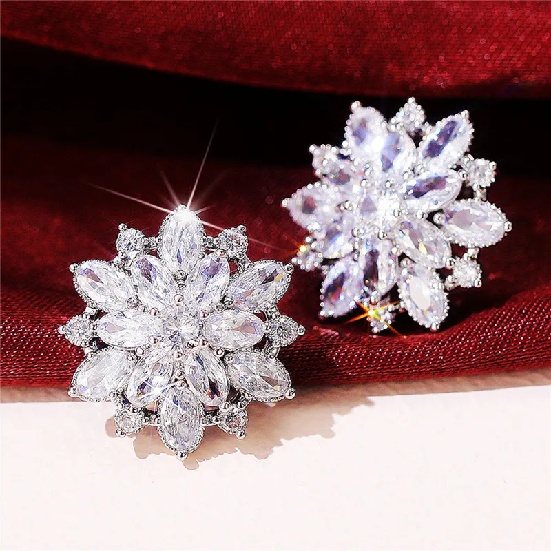 Huitan Aesthetic Crystal Flower Stud Earrings Women for Engagement Wedding Party Female Ear Fashion Jewelry with Brilliant CZ