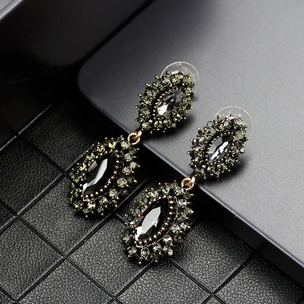 Sunspicems Vintage Gray Crystal Long Drop Dangle Earring for Women Rhinestone Turkish Brand Design Ethnic Banquet Jewelry Gift