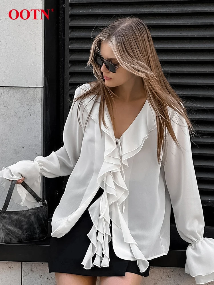 OOTN Elegant Ruffled White Shirts Women 2024 Fashion V-Neck Flare Sleeve Sexy Blouses Casual Lace-Up Party Transparent Tops Lady