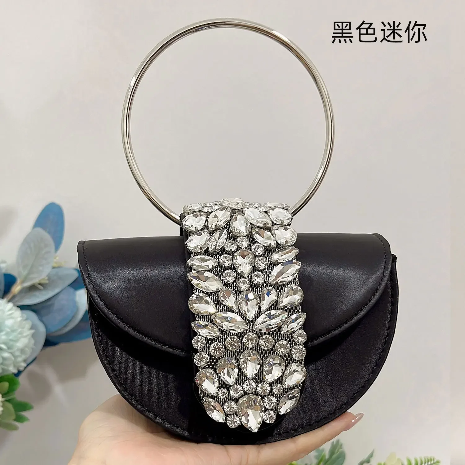 Shiny Rhinestone Half Round Satin Bags Women Elegant Boutique Metal Ring Handle Evening Clutch Purses And Handbags Wedding Party