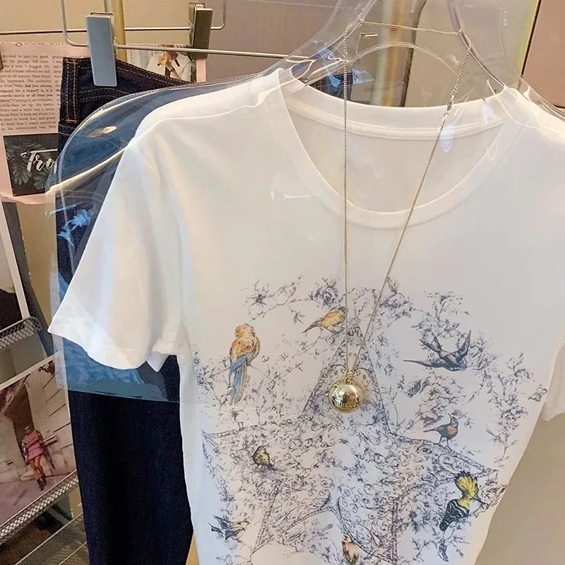 Y2K Luxury Flower Bird Printed T Shirts Women High Quality Cotton White Short Sleeve Summer Tops Korean Fashion All-match Casual