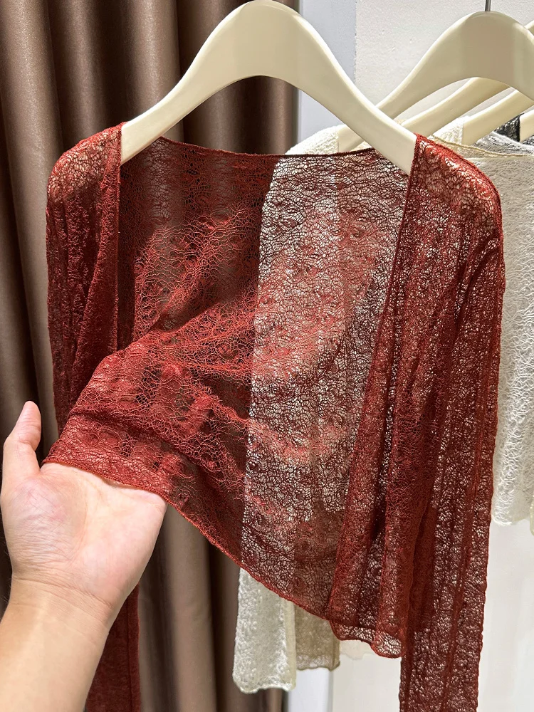 

Retro Ankle Red Lace Sun Protection Open Cardigan Women's Summer Match Elegance Outer Thin Veil Small Pamina