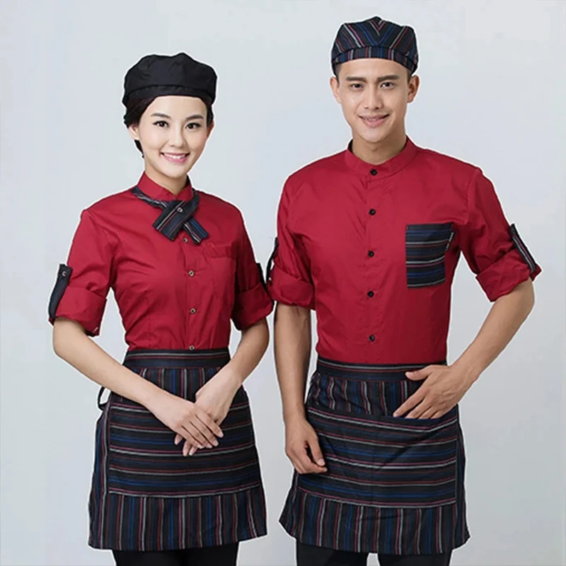 Tops+Apron+Hat Summer Women Short Sleeve Waiter Uniform Coffee Cafe Waitress Uniform Men Hotel Restaurant Shirt Overalls 89