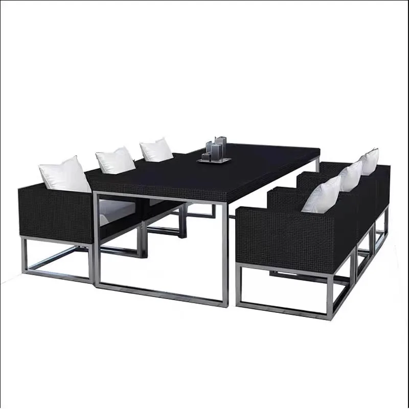 

Outdoor high-end rattan tables and chairs courtyard outdoor open-air balcony rattan metal tables and chairs open-air garden cafe