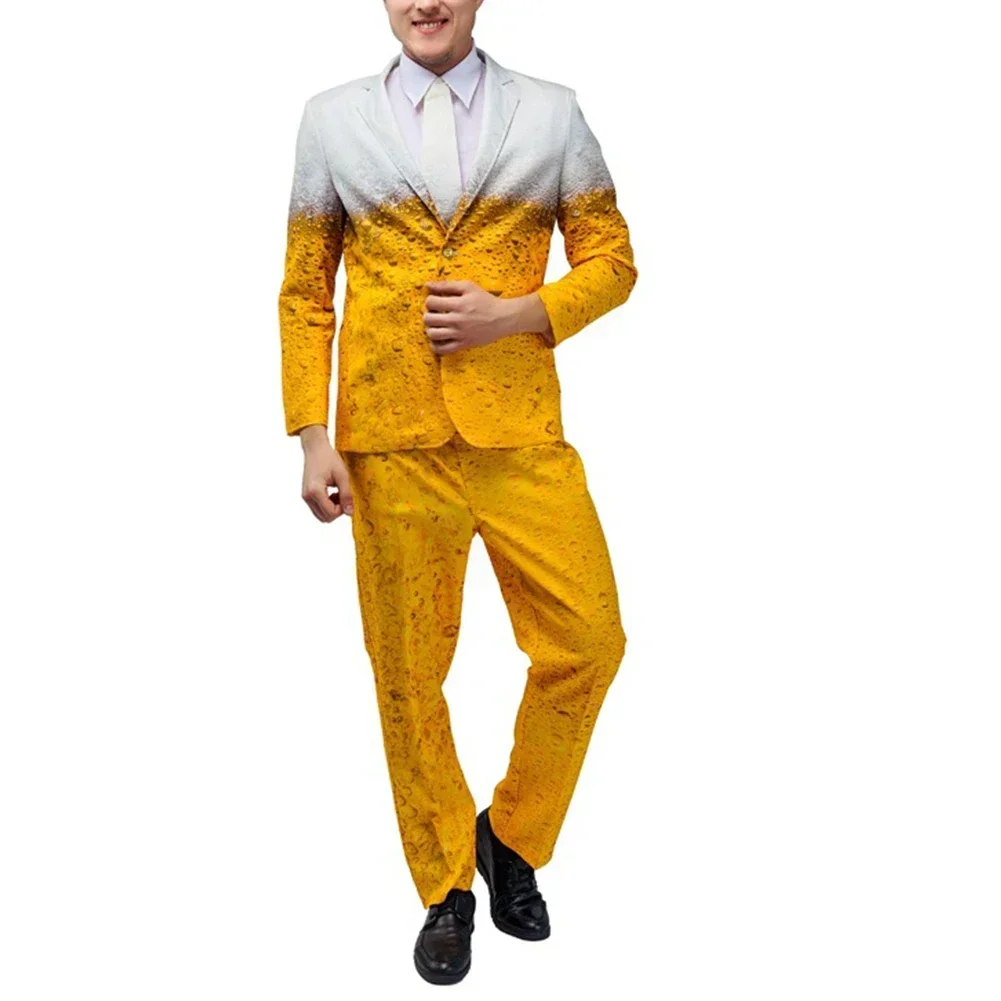 

Oktoberfest Suit for Men, Funny Humour Beer Costume Set, Yellow Jacket Pants, Lapel Neckline, Casual Style, Slight Stretch