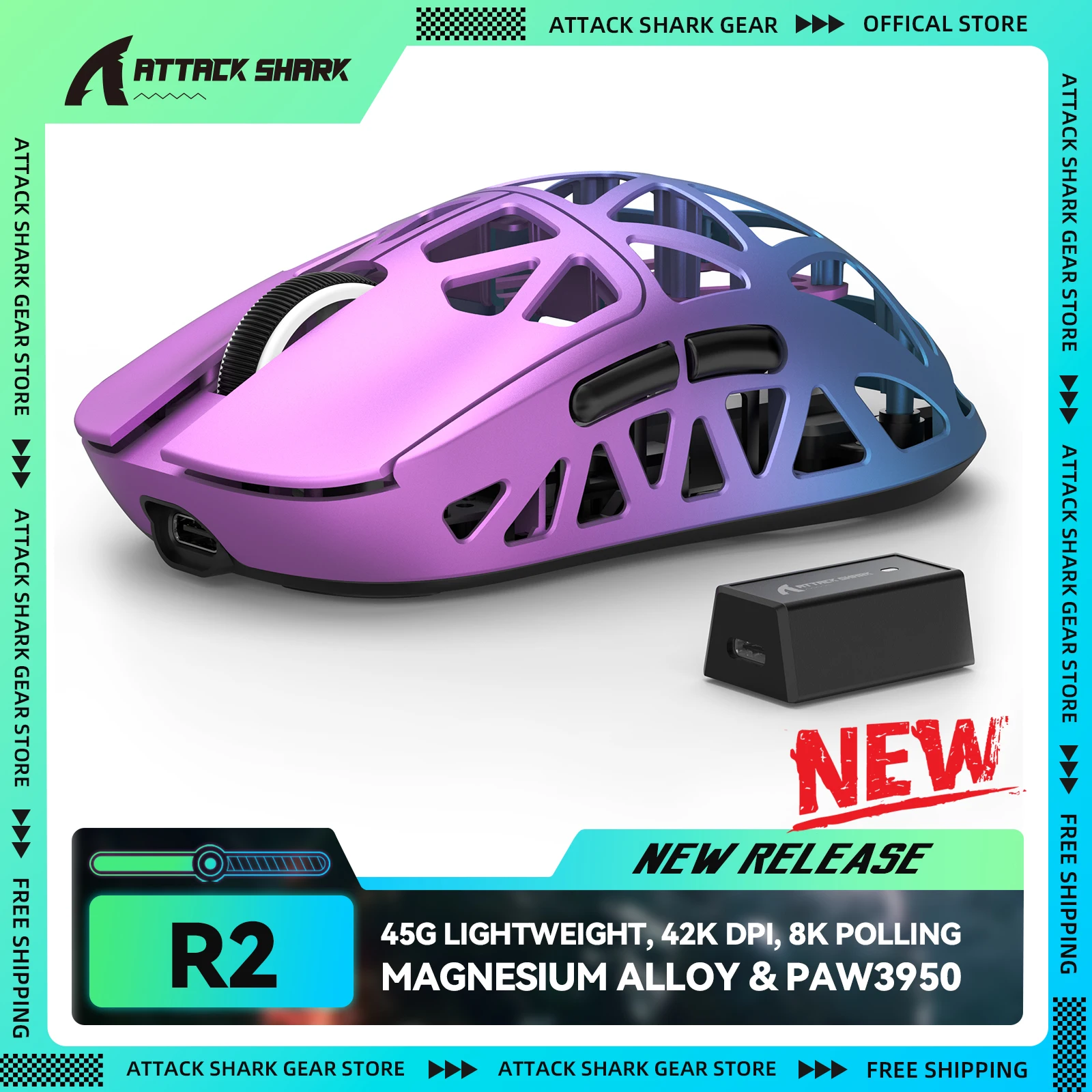 ATTACK SHARK R2 8KHz Magnesium Alloy Wireless Mouse, 45g Ultralight, 42000 DPI, PixArt PAW3950 Sensor, 2.4G/BT/Wired, for PC/Mac