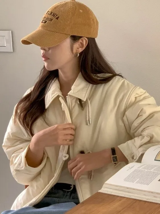 

Trendy Winter Cotton Jaet Women's Sle Turn-down Collar Button Warmth Faionable Long Sve Thiened Commute Straight-cut