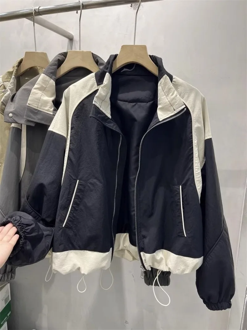 European Fashion High Street Jacket Turn Down Collar Contrast Color Patchwork Coat Zipper Drawstring Grunge Streetwear Chaquetas